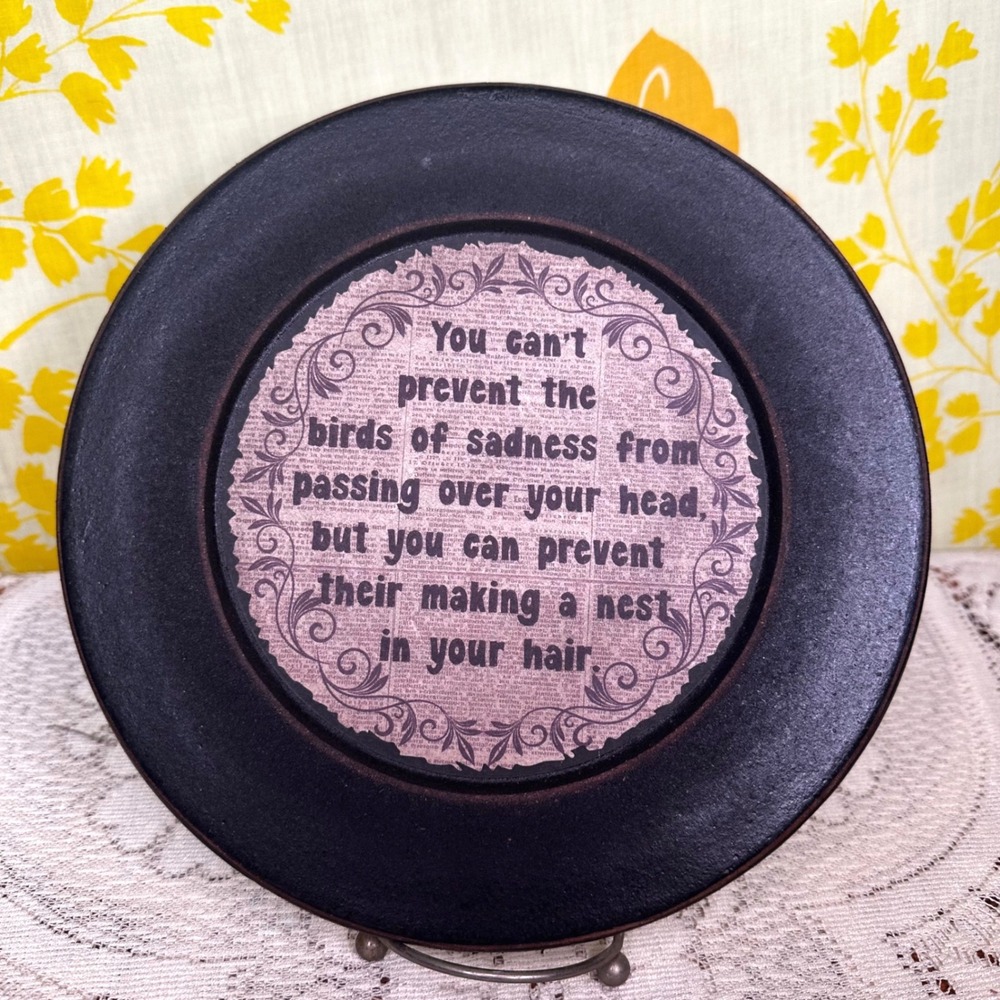 Barbara Lloyd Primitive Decorative Wall Plate Birds of Sadness Quote Black Wood